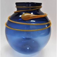 Blue Australian art glass vase with golden swirl Marked with impressed TAG to base 13cm tall - Sold for $47 - 2018