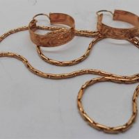 Group lot 9ct gold jewellery - pair rose gold hoop earrings & chain  TW 84 gms - Sold for $161 - 2018