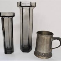 Group lot - Pair Signed WEDWOOD Smoked Glass hexagonal Shaped Vases + HAUGRUD Norwegian Pewter TANKARD - Sold for $56 - 2018