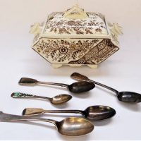 Group with Christopher Dresser designed sugar bowl and assorted Sterling silver spoons - Sold for $62 - 2018