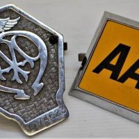 2 x Vintage AA Car Grill Badges - Chrome plated w Serial number V174623 & Yellow & Black Enamel - Sold for $75 - 2018