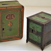 2 x c1900 Safe Money Boxes Tin Burnet Bros England and Cast iron safe - Sold for $56 - 2018