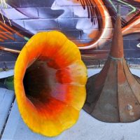 2 x large vintage metal gramophone horns - Sold for $87 - 2018