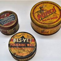 3 c1920s Australian laundry tins Proas scouring past, Punch Polish mop and Bes Yet polishing wax - Sold for $62 - 2018