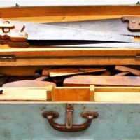 Cabinet makers tool tote with tools including wood planes, saws, Mortise gauges - Sold for $75 - 2018