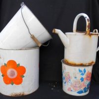 Group with Enamelled watering can and bucket - Sold for $31 - 2018