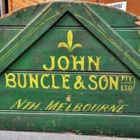 Hand painted wooden sign circa 1920s for tool and agricultural machinery makers John Bundle & Son North Melbourne - Sold for $62 - 2018