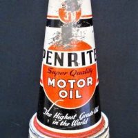 Vintage Oil Bottle - Glass 1 Imperial Quart w Tin PENRITE MOTOR OIL Spout in Red, Black & White - marked DOM CAN MELB to back - Sold for $298 - 2018