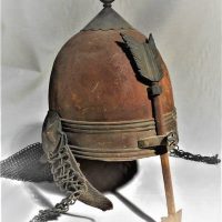 Vintage Saracen  Persian Steel helmet with chain neck guard and arrow shaped note guard - Sold for $323 - 2018