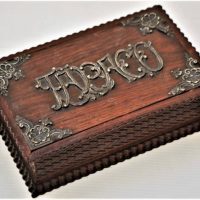 Vintage c1900 Carved Wooden Tobacco box - Ornate Silvered Corners & Text to lid TABACO (sic) - Sold for $43 - 2018