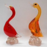 2 x Vintage Italian Art  Glass Duck Figurines  Orange and Red - 23cm tall - Sold for $75 - 2018