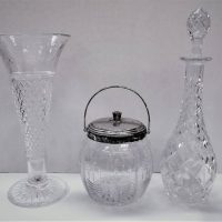 3 x Pieces of cut crystal incl Large Trumpet vase decorated with swags, Decanter and biscuit barrel - Sold for $81 - 2018