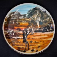 ARTHUR MERRIC BOYD & John Howley Post War Australian Pottery CABINET Plate - HPainted ABORIGINAL in Bush Landscape decoration by John Howley, signed A - Sold for $211 - 2018
