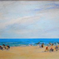 Gilt Framed DONALD FRASER (Australian, Active c19902000's) Oil painting - FIGURES ON THE BEACH, SUMMER - Signed lower left - 215x345cm - Sold for $37 - 2018