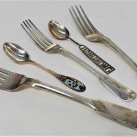 Group of Sterling silver incl Late Victorian Forks, Japanese enamelled Geisha spoon etc - Sold for $81 - 2018