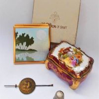 Group with Limoges box, Sterling thimble and Enamelled Canadian compact etc - Sold for $43 - 2018