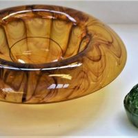 Large Art Deco 1930's Davidsons Amber Cloud Glass Bowl - folded over edge - 32cm Diam - Sold for $68 - 2018