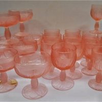 Large group lot Saywell Import, Italy frosted pink pressed glass glasses - Sold for $50 - 2018