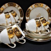 Set of Tuscan China Tea Cups and saucers in Gold and Black willow pattern - 10 Cups - Sold for $68 - 2018