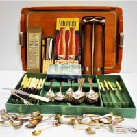Vintage Group incl wooden tray Boxed grinders, Box of cutlery and flatware etc - Sold for $81 - 2018