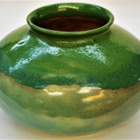 Vintage c1930's Unmarked MELROSE Australian Pottery VASE - Squat shaped, Light green glaze w darker green over the top - 12cm H - Sold for $37 - 2018