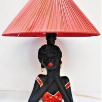 1960s black Barsony Australian pottery lamp - Lady in red bikini top wearing earrings with original red shade -  FL44 - Sold for $497 - 2018