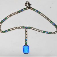 Art Deco Blue green and clear Glass Necklace with faceted blue pendant - Sold for $50 - 2018