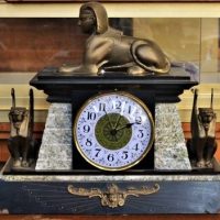 Art Deco style Egyptian Revival clock marble garniture with bronzed metal Sphinx to top, winged lions to sides and marble obelisks - Sold for $323 - 2018