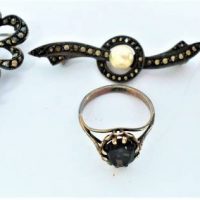 Group lot silver vintage jewellery incl 2 x Marcasite brooches, ring with large oval garnet and green stone pendant - Sold for $50 - 2018