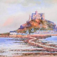 Small Gilt Framed LESLIE (BILL) SANDS ( 1917 - )  Watercolour - STMICHAELS MOUNT, Cornwall - Signed WSands, lower left - 11x19cm - Sold for $35 - 2018