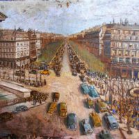 Unframed GUSTAV Michael PILLIG ( 1877 - 1956 ) Oil on Board - Busy 1930's CITY Scene w Heaps of Figures, Cars, Terrace Houses & Building w Classical C - Sold for $186 - 2018