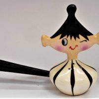 1960s novelty Japanese Holt Howard Pixieware ceramic salt shaker with wooden handle unmarked - Sold for $43 - 2018