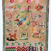 Framed 1904 embroidered  Sampler with Alphabet, animals and Patterns - approx 12 mts - Sold for $87 - 2018