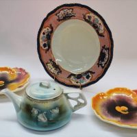 Group lot vintage china incl pair of Czechoslovakian 'Pansy' plates, R&S Germany teapot, etc - Sold for $37 - 2018