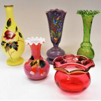 Group of Victorian glass incl Cranberry pot, and Vases with  enamelled decoration - Sold for $50 - 2018