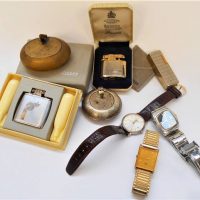 Small Group Lot mens vintage accessories inc - mens wristwatches TISSOT, SEIKO, CITIZEN, RONSON Viking lighter, RONSON Princess lighter, brass travel  - Sold for $50 - 2018