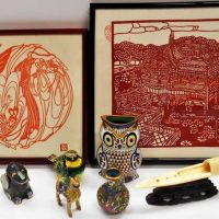 Small group lot Oriental items inc - part miniature ivory boat, various Cloisonn figurines, framed paper-cut illustrations, etc - Sold for $37 - 2018