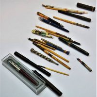 Small tray of Fountain and dip pens including green celluloid Swan Visofil, Porcupine quill, Lapis Lazuli,  etc - Sold for $174 - 2018