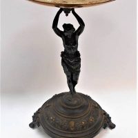 Unusual Victorian comport ornate ep base with draped nude figure holding brass and copper relief bowl - approx 40cm tall - Sold for $68 - 2018