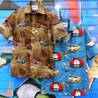 2 x AS NEW Vintage style Mens Summer Shirts - both w HOT RODS & Muscle Cars in Landscape designs - both Large sizes - Sold for $37 - 2018