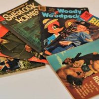 Approx 6 x vintage  Dell Comics - Sherlock Holmes, On The Double, Rin Tin Tin, Woody Woodpecker, Everything Ducky - Sold for $35 - 2018