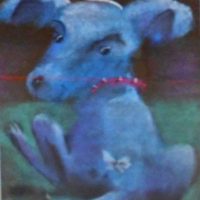 Framed ANN JAMES ( 1952 - ) Pastel - BLUE DOG w Butterfly on Tail - Signed & dated 2006, lower left & right - 35x265cm - Sold for $93 - 2018