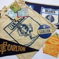 Group lot - VFL Carlton Blues Football Club ephemera incl 1960's - 80's finals ticket stubs and fixtures, felt pennant, badges, etc plus Lou Richards  - Sold for $161 - 2018