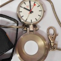 Mondaine Swiss Railway pocket watch with brushed aluminium case and leather cover - Sold for $37 - 2018