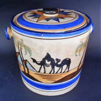 1920s Japanese pottery biscuit barrel with hand painted Camels and geometric pattern - Sold for $25 - 2019