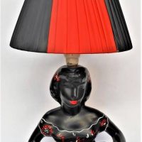 1950s black Barsony lamp - seated Woman holding bowl, dress with red trim - black & red shade - af, head looks to of been damaged & glued back on - Sold for $186 - 2019