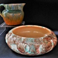 2 x Pieces of Australian pottery Green and brown Fowler ware Jug and Bendigo pottery bowl with applied flowers with green and brown sponge glaze - Sold for $25 - 2019