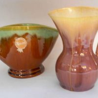 2 x Pieces of Remued Australian pottery - Brown and green #4 vase with sticker and purple and cream Jug marked to base 146S 13cm H - Sold for $31 - 2019