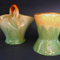 2 x Pieces of Remued Australian pottery - Brown and green Basket 194xx and Vase marked 46 to base - tallest 13cm - Sold for $43 - 2019