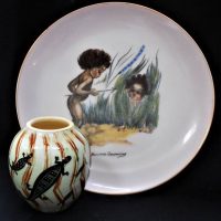 2 x pieces Australian Pottery - Brownie Downing Aboriginal children plate and Martin Boyd vase with HPainted Crab and lizard decoration -both pieces m - Sold for $37 - 2019